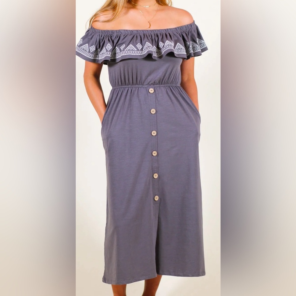 EASEL size SMALL gray off shoulder stretchy midi dress with side pockets.